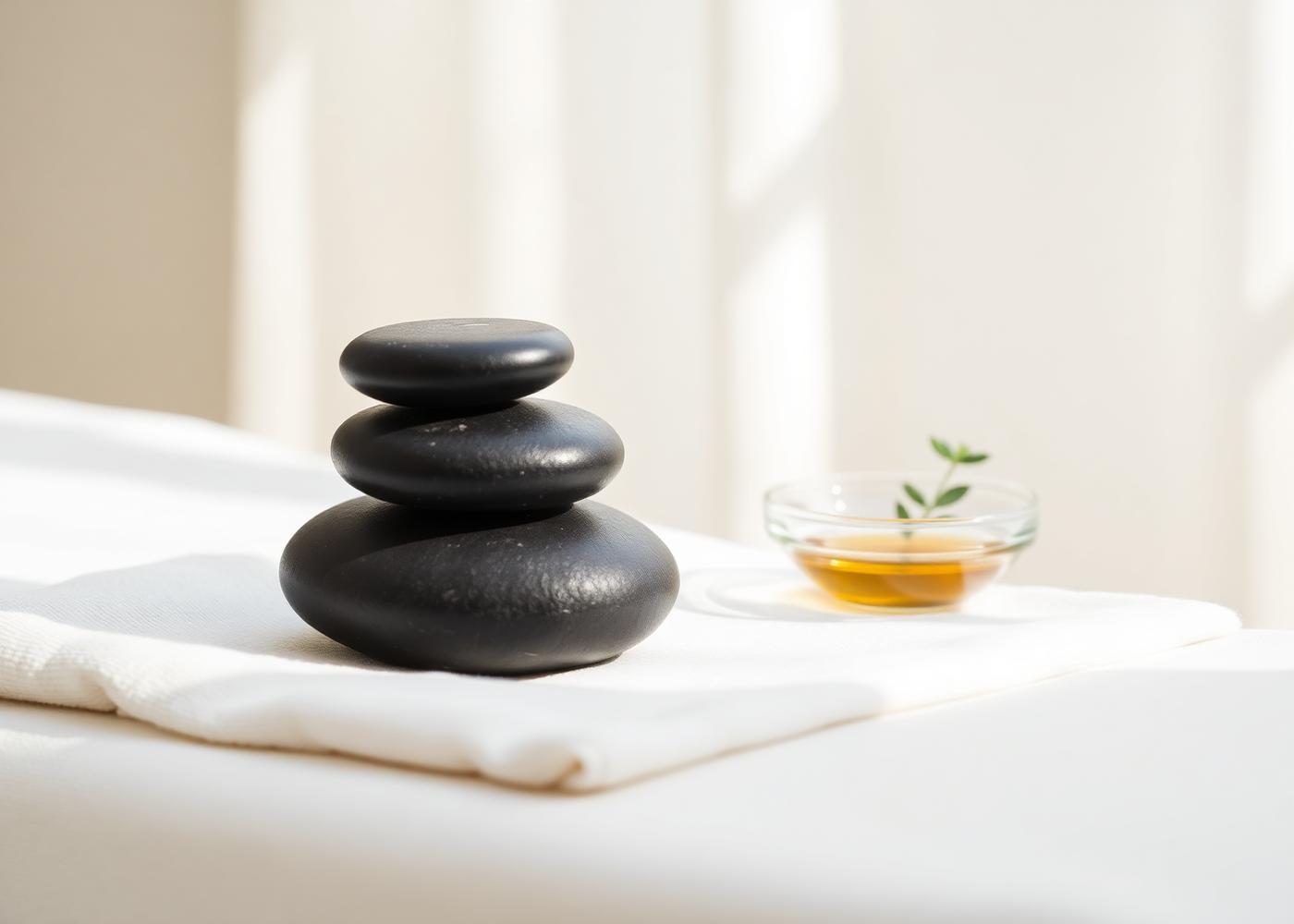 Massage stones and warm oil on linen — Zendai Spa